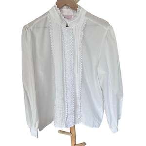 Vintage Lauren Lee White Lace Trim High Neck Pleated Blouse Medium Large